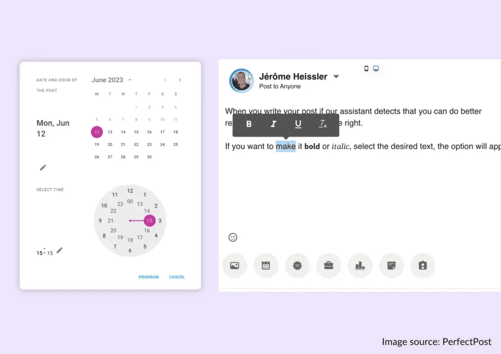 A screenshot of PerfectPost's LinkedIn post scheduler and previewer
