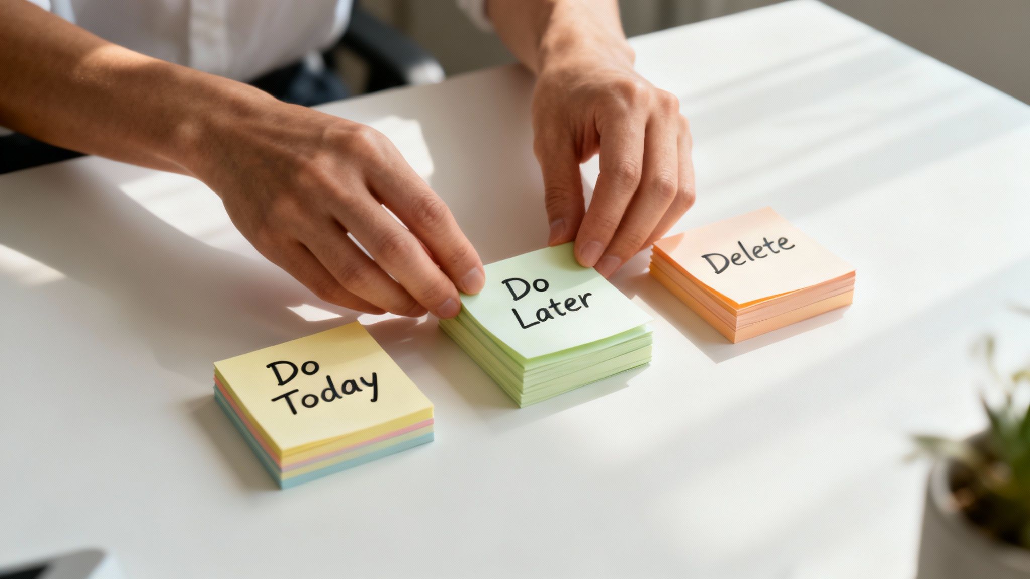 Person organizing task management sticky notes labeled do today, do later, and delete on white desk