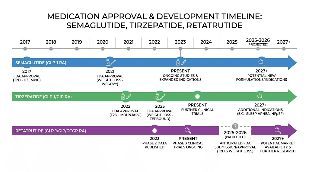 Semaglutide tirzepatide retatrutide availability and approval timeline comparison