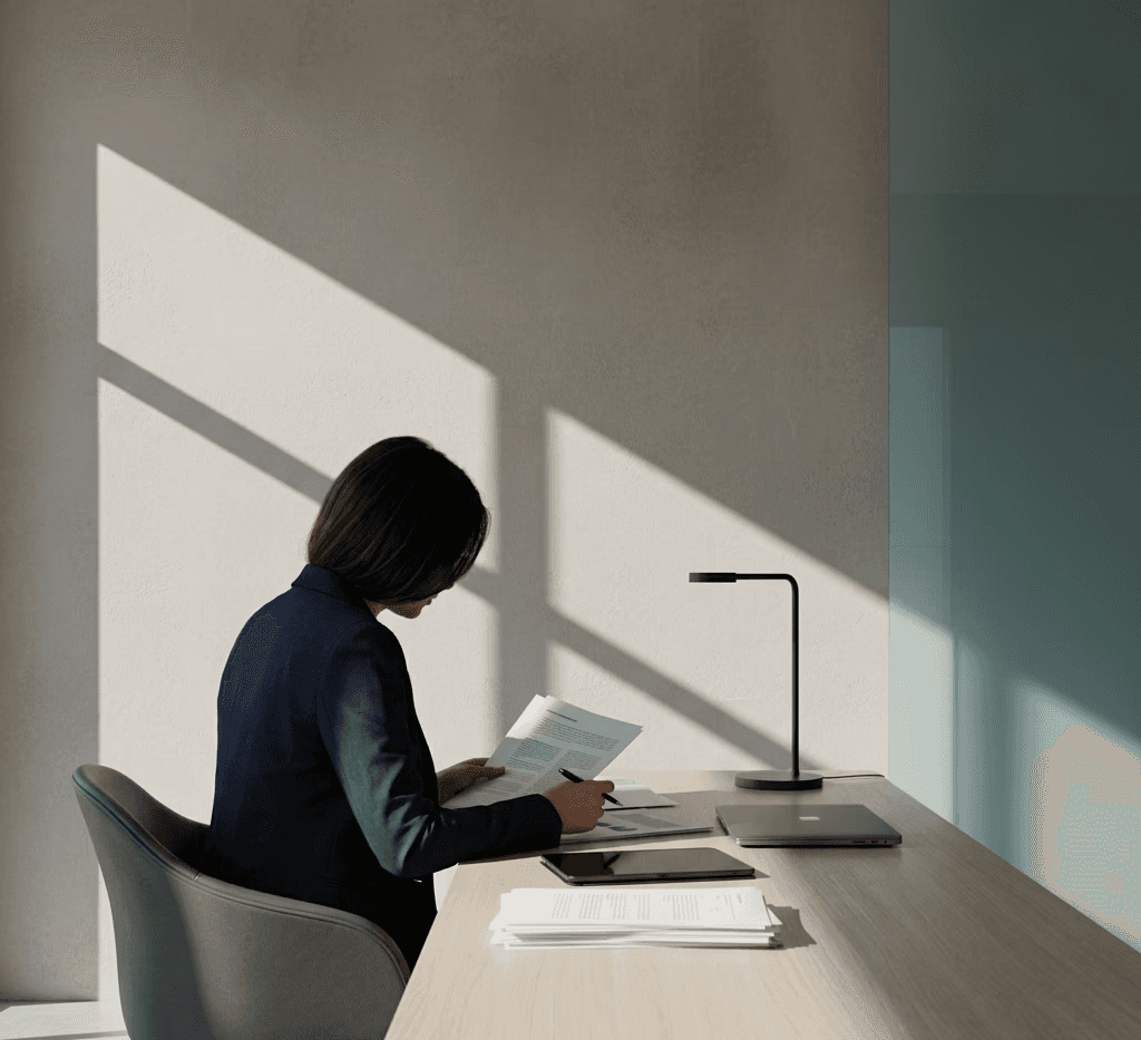 Professional at a desk reviewing documents, side angle, natural window light, minimal office, muted teal and grey tones, realistic photography style, no face visible