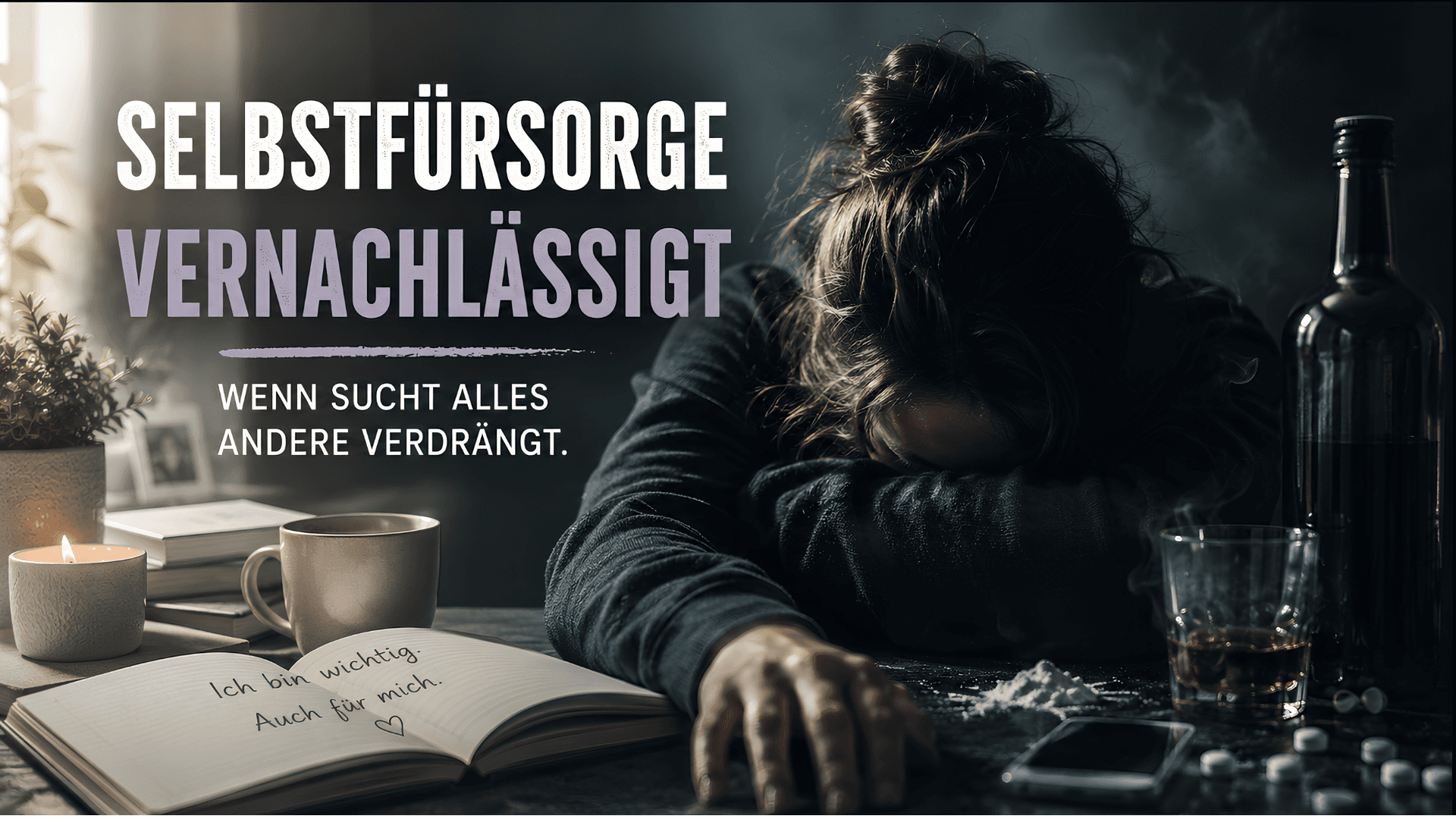 Erschöpfte Frau sitzt allein am Tisch mit Alkoholflasche – Selbstfürsorge vernachlässigt wenn Partner trinkt