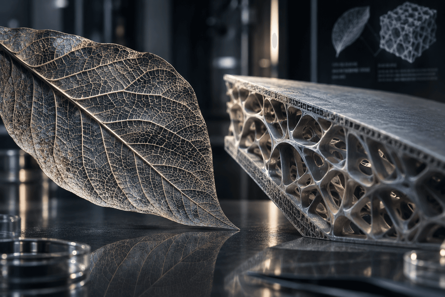 A leaf skeleton beside a lightweight cellular panel inspired by its structure.