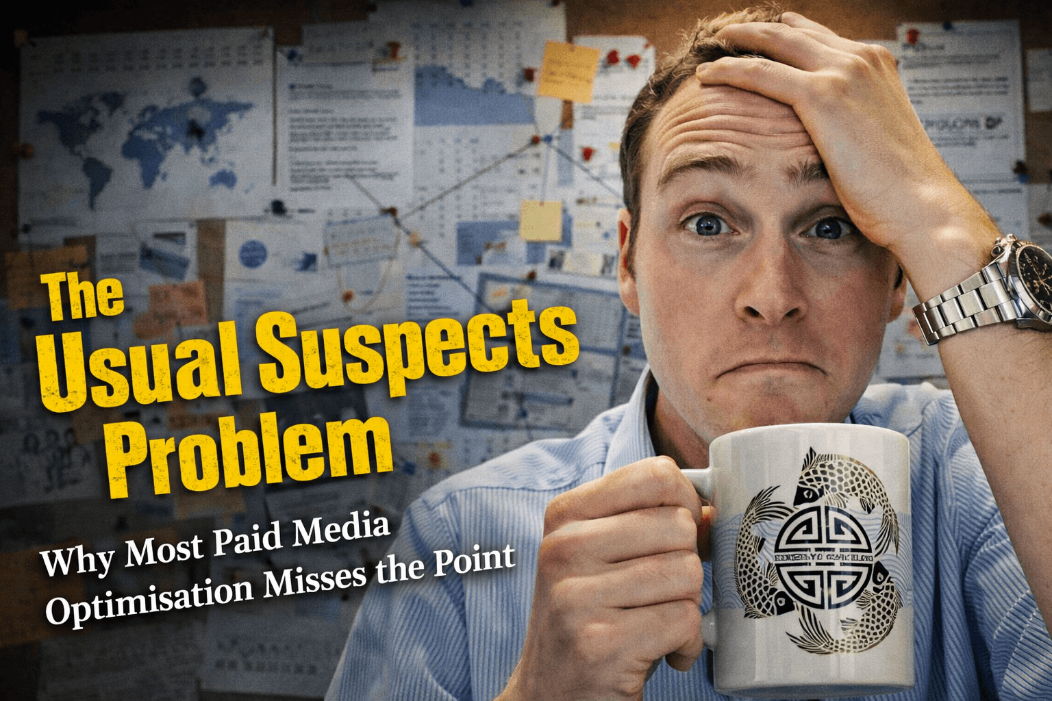 Man holding a coffee mug with a pinboard of notes behind him, illustrating the Usual Suspects problem in paid media optimisation.