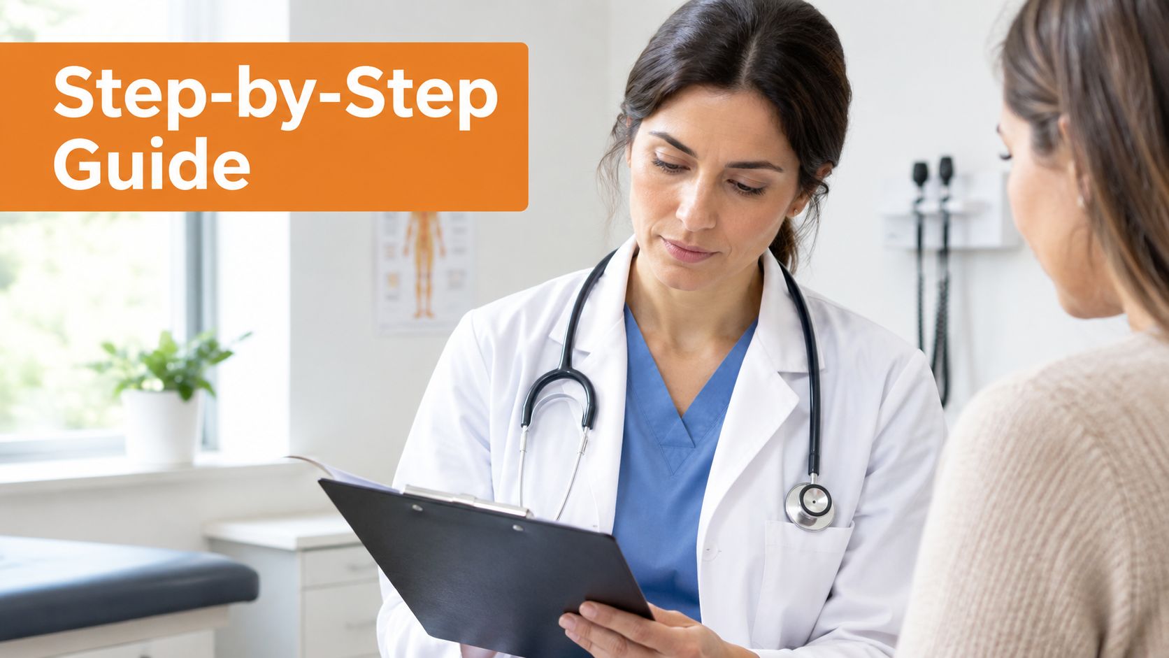 A female doctor in a white coat reviews a document on a clipboard while consulting a patient.