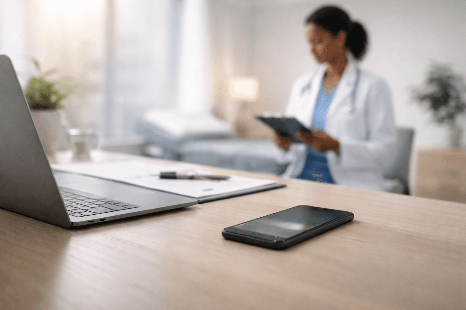 profissional da saúde atendendo enquanto pacientes entram em contato pelo WhatsApp