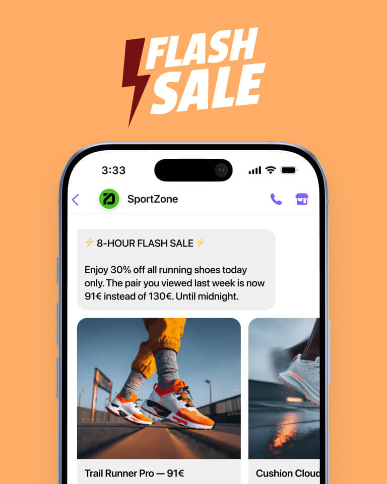 Viber messaging campaign showcasing a flash sale, personalized message from a sports clothing and shoes e-commerce store.