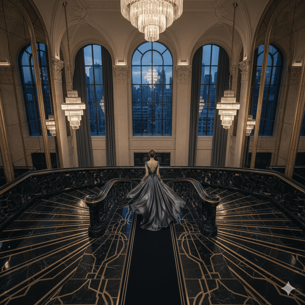 Couture-inspired grand residential lobby interior, Elie Saab design
