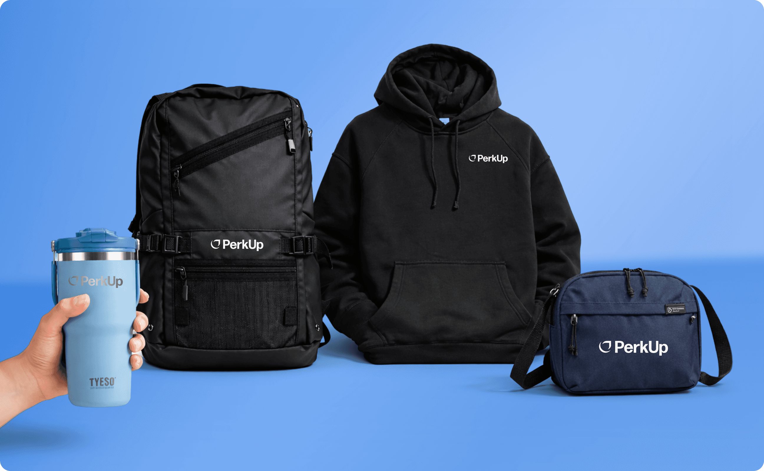 A tumbler, a bag, a hoodie, and a crossbody bag with PerkUp logo on them.