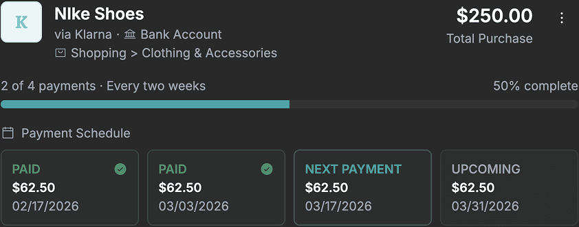 Budgetpeer BNPL payment schedule showing a $250 Nike Shoes purchase via Klarna split into 4 biweekly installments of $62.50, with 2 paid and 2 upcoming payments