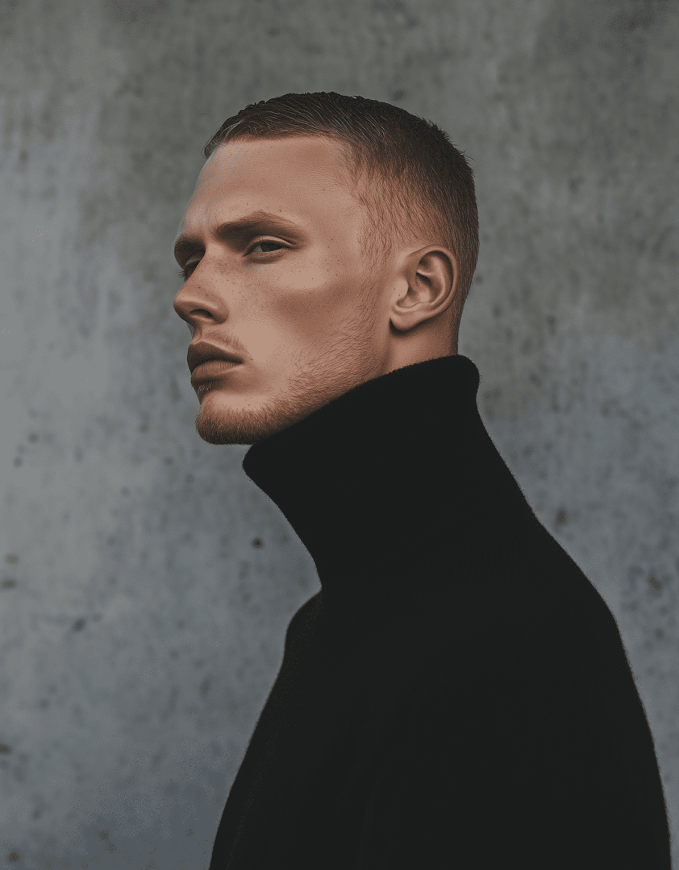 Profile shot of a young man with a short beard in a high black turtleneck.