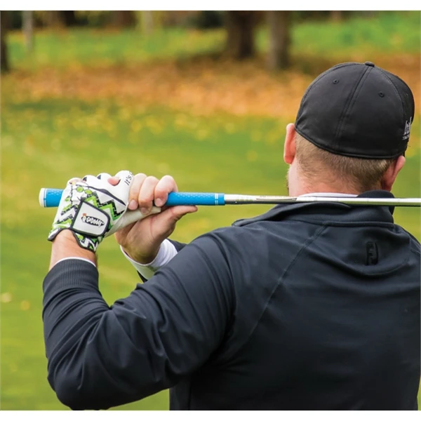 A person holding a golf club over their shoulder wearing a custom golf glove.