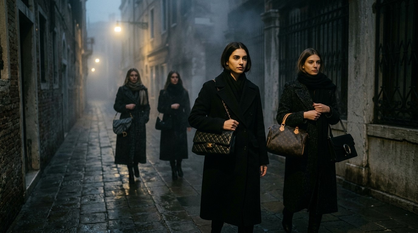 Three people in trench coats walk past a neon storefront.