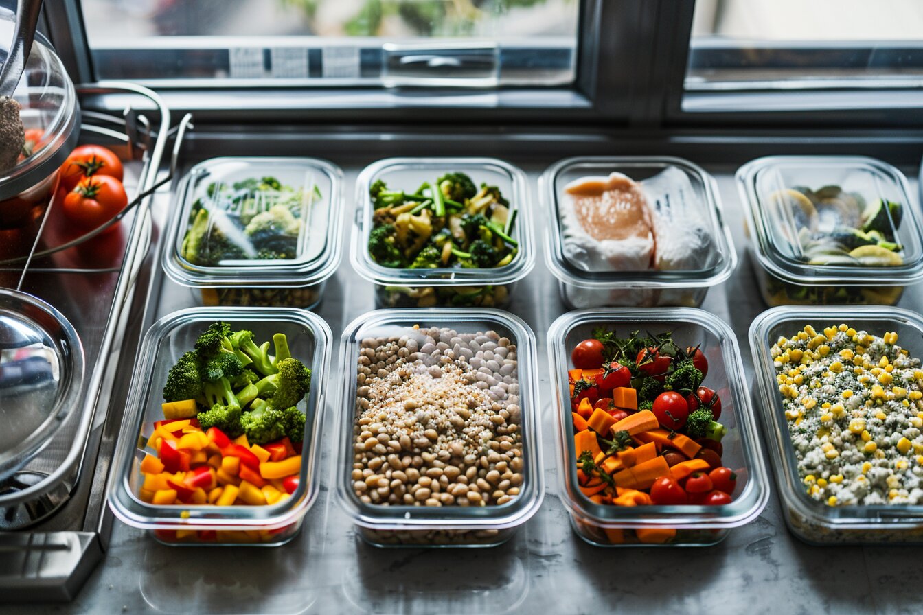 Healthy meal prep containers filled with colorful vegetables, grains, and proteins arranged neatly on a kitchen counter by a window.