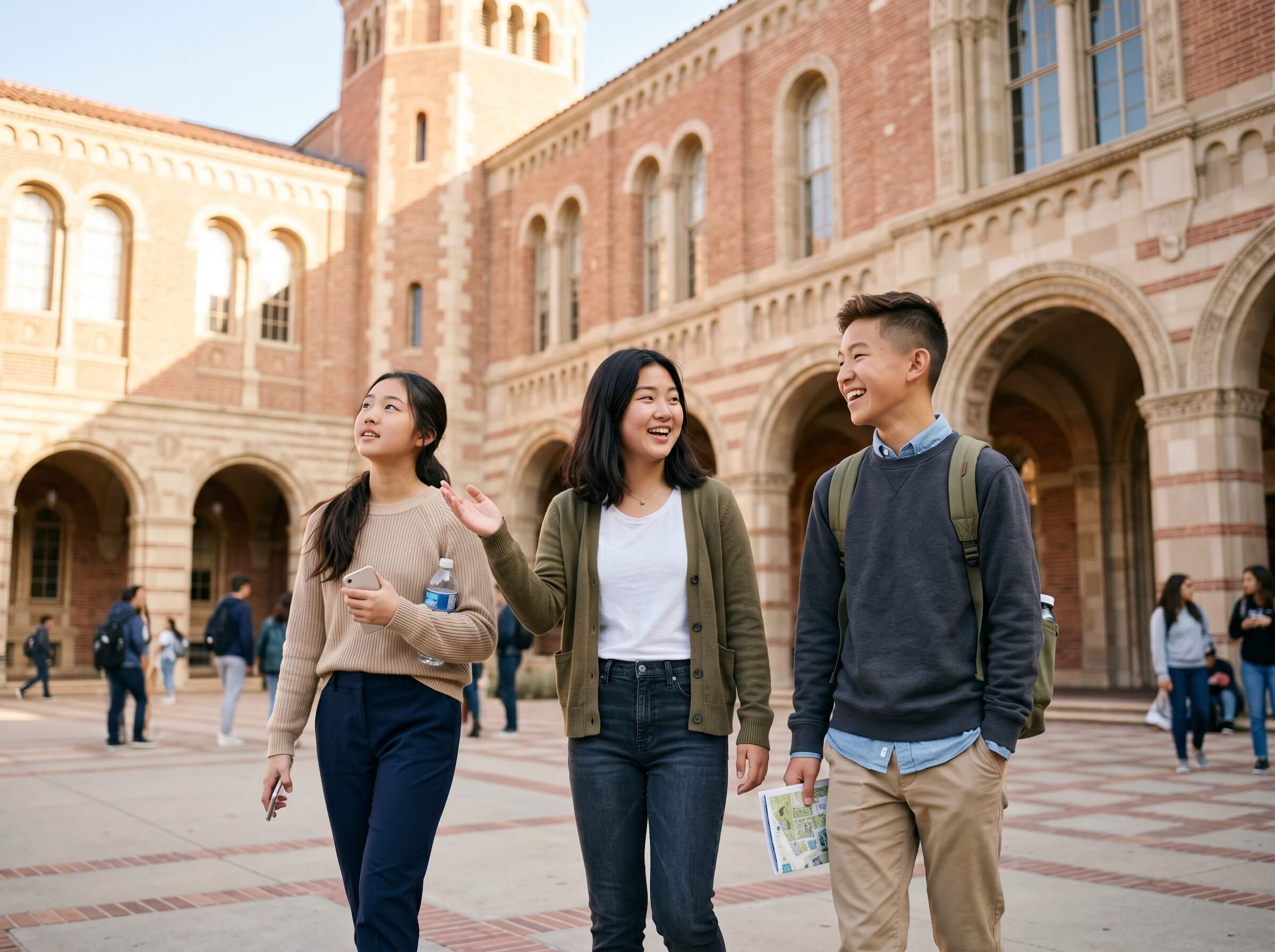 Three students casually walk and chat in front of a historic university building with arched windows and red brick walls, creating a vibrant and engaging campus atmosphere.