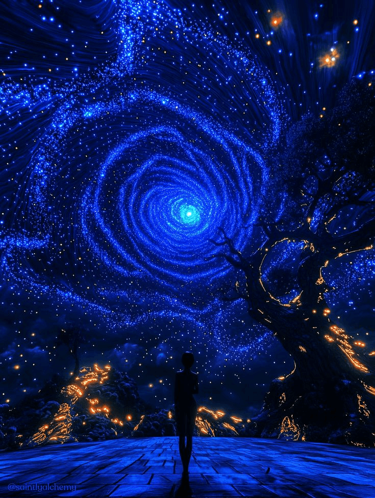 Bir galaksiyi andıran girdaplı, yıldızlı mavi gökyüzüne bakan bir insan silueti, sağda parlayan bir ağaç, merak ve hayranlık uyandırıyor.