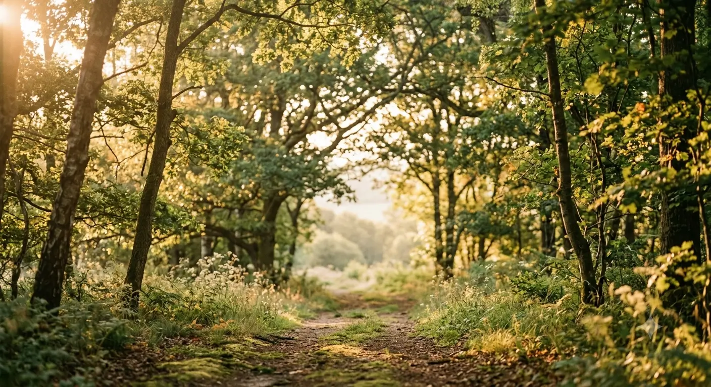 Soft golden morning light filtering through green leaves and branches, with gentle sun flares and a calm, contemplative mood.