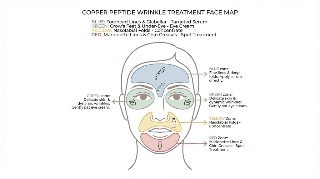 Face map showing copper peptide treatment zones for different wrinkle types including crow's feet forehead and nasolabial folds