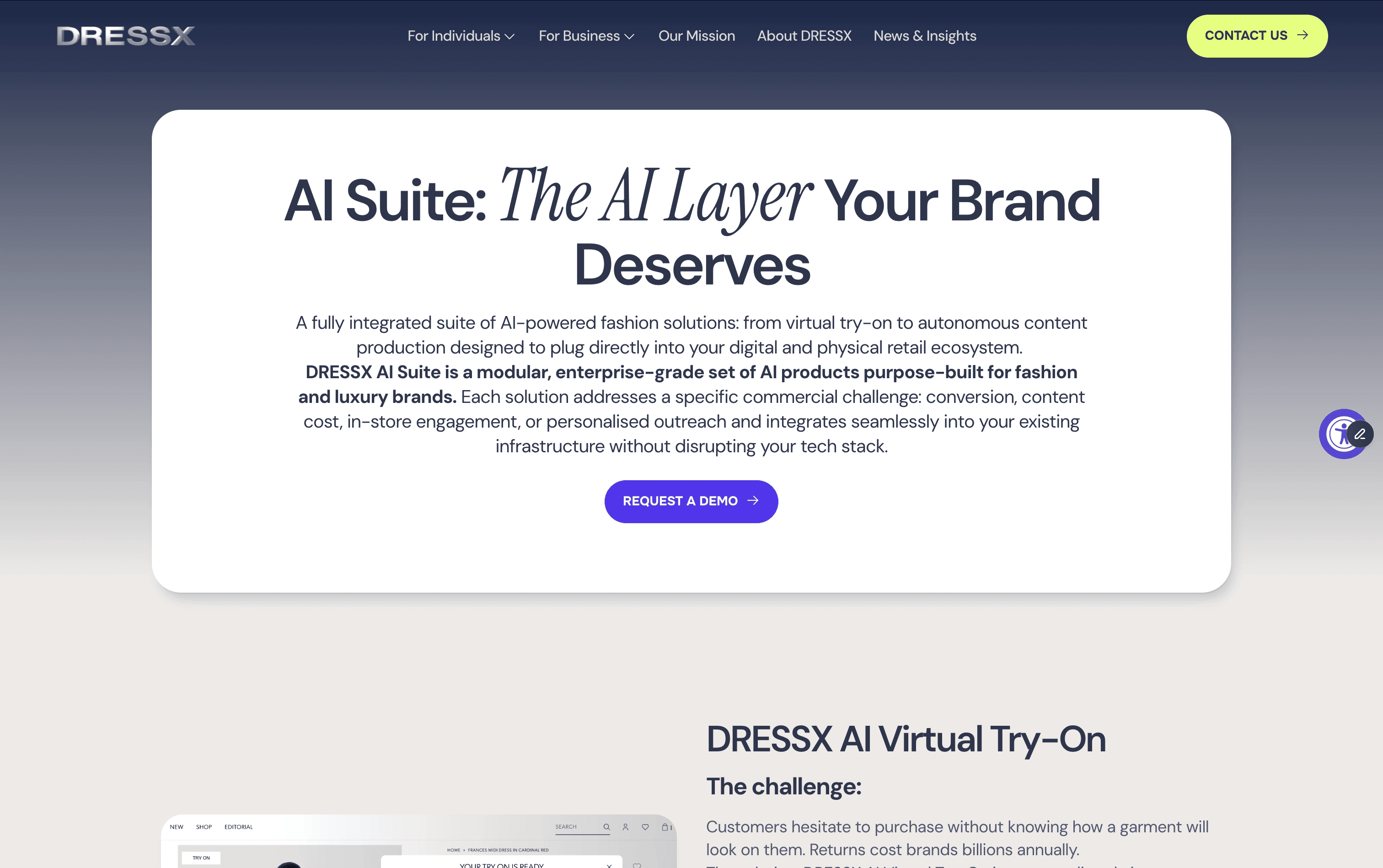 [DRESSX AI Suite](https://dressx.com/b2b/ai-suite) is a modular, enterprise-grade set of AI products purpose-built for fashion and luxury brands