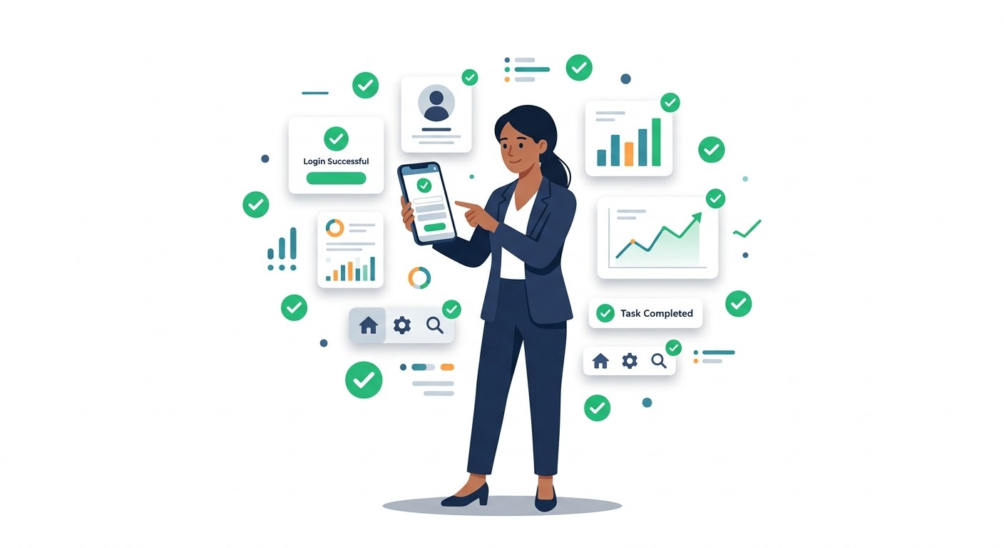 Flat illustration of a cloud server with database tables and data connections flowing to a mobile phone app, representing backend infrastructure.