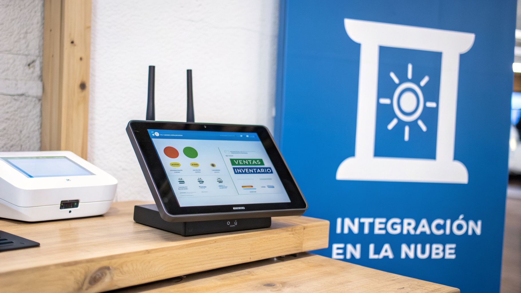 Computadora de punto de venta con pantalla táctil mostrando datos de ventas e inventario en un mostrador de madera.