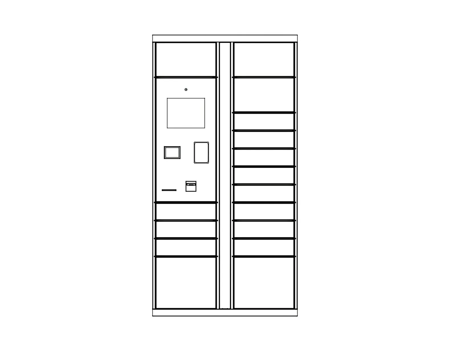 Main smart locker unit with 16 mixed-size compartments and a touchscreen QR code scanner
