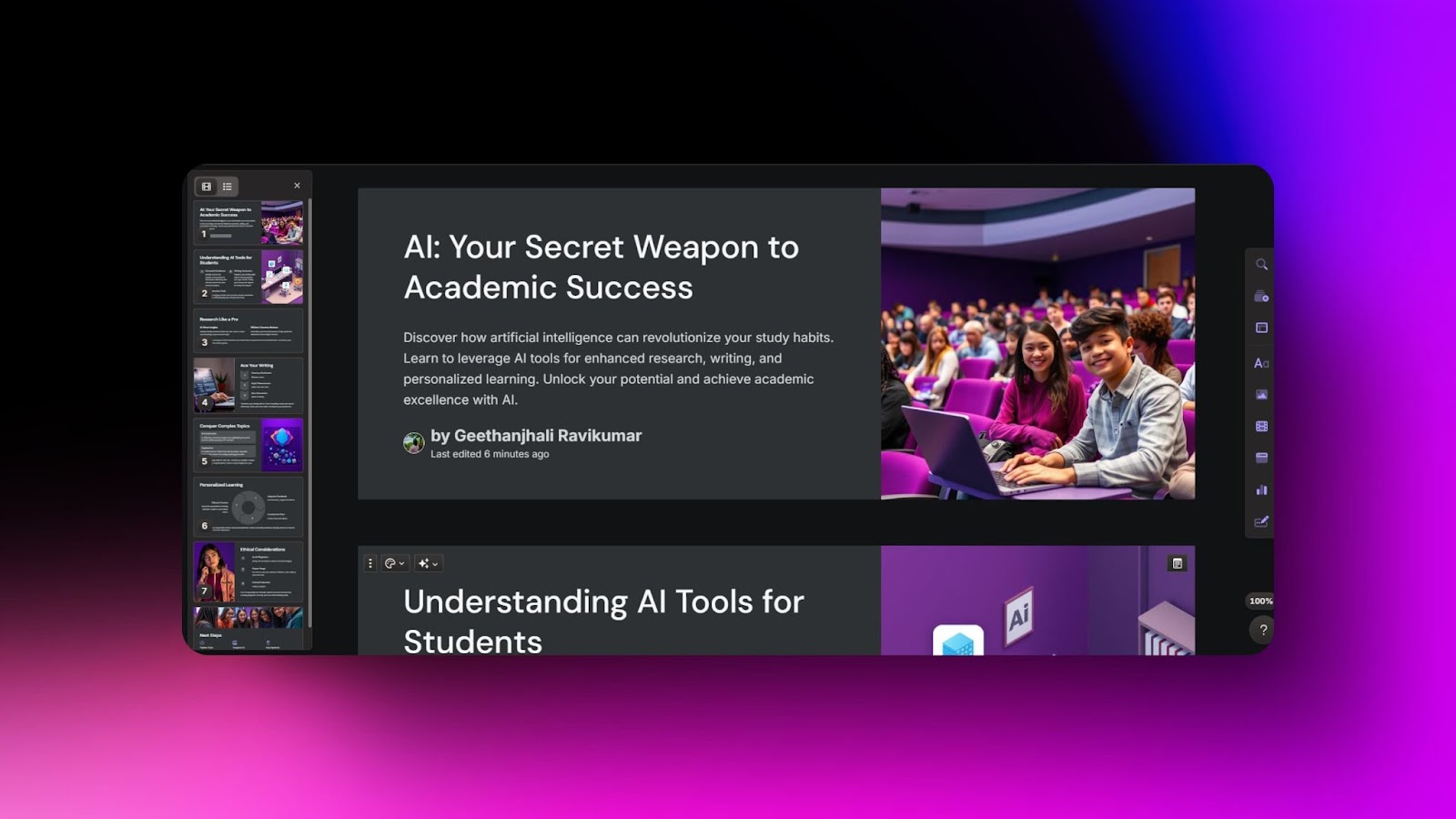 Screenshot of a digital presentation titled "AI: Your Secret Weapon to Academic Success," with a smiling student audience in a lecture hall.