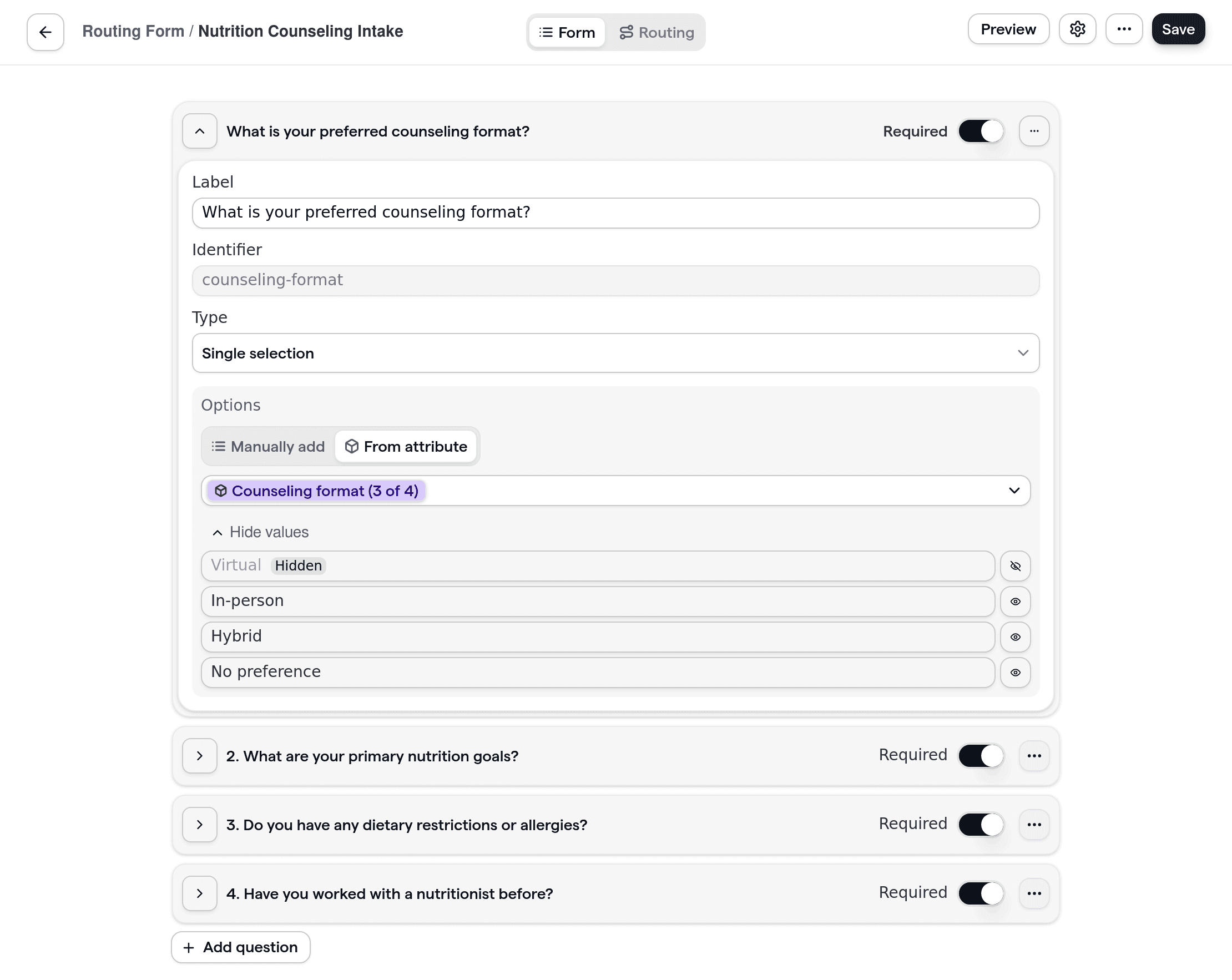 Cal.com nutrition counseling intake form showing questions about nutrition goals, restrictions, and preferred counseling format.