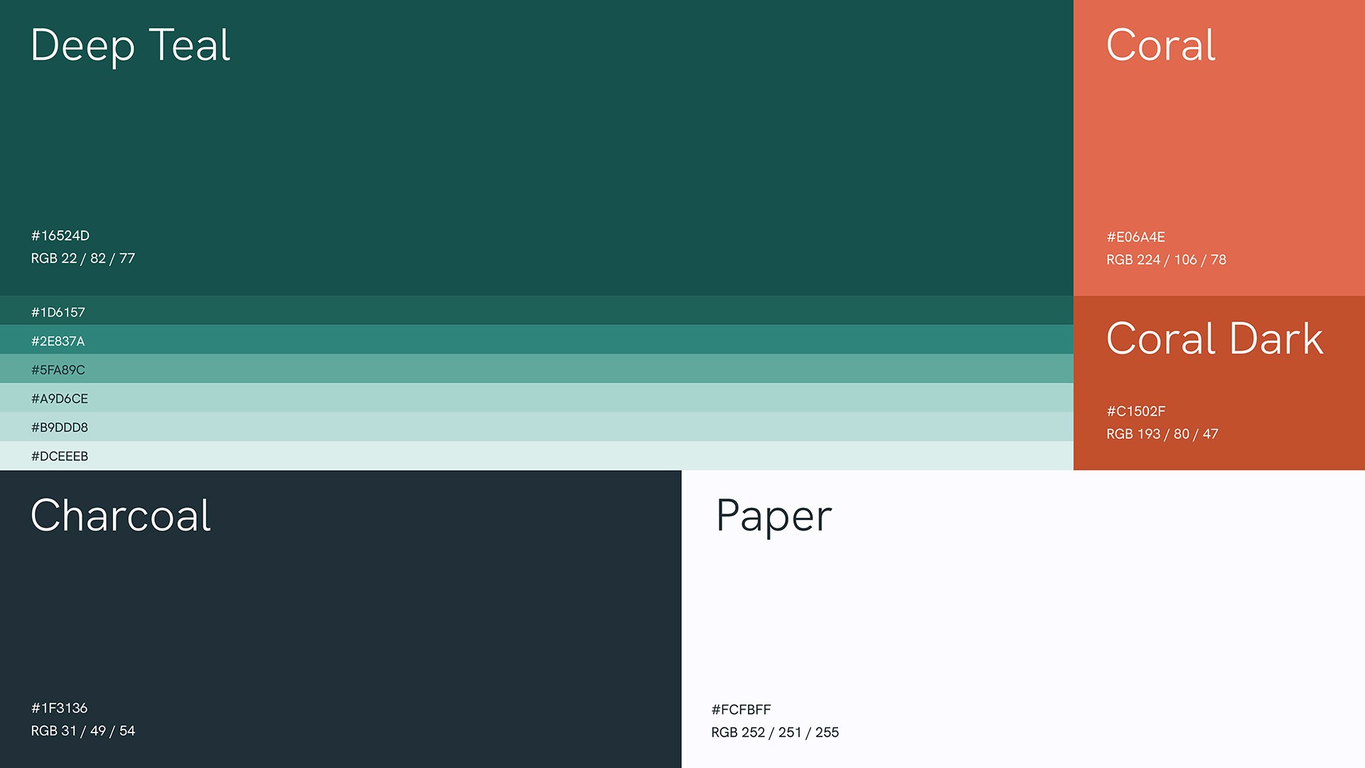 Can Did BD brand colour palette, deep teal, coral and supporting tones, by Huw Mathias.