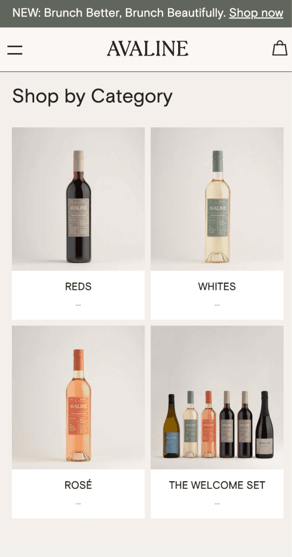 Mobile collection page for Avaline showcasing wine categories