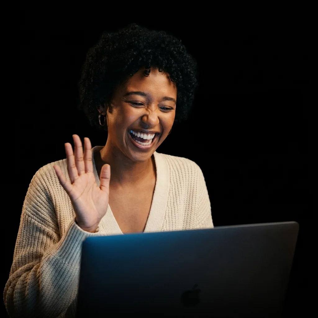 Waving on a laptop video call