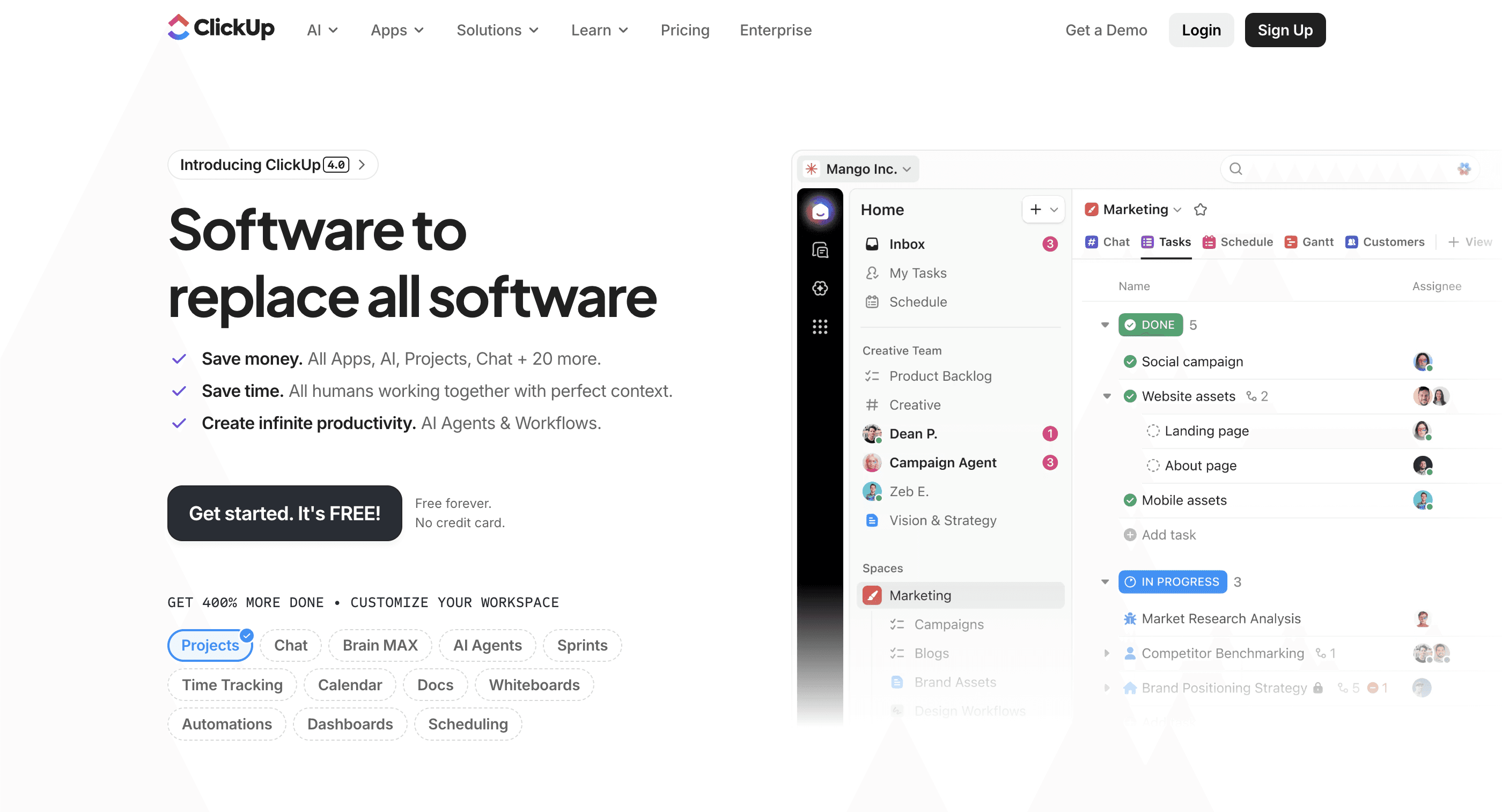 ClickUp dashboard showing tasks, documents, and workflow automation
