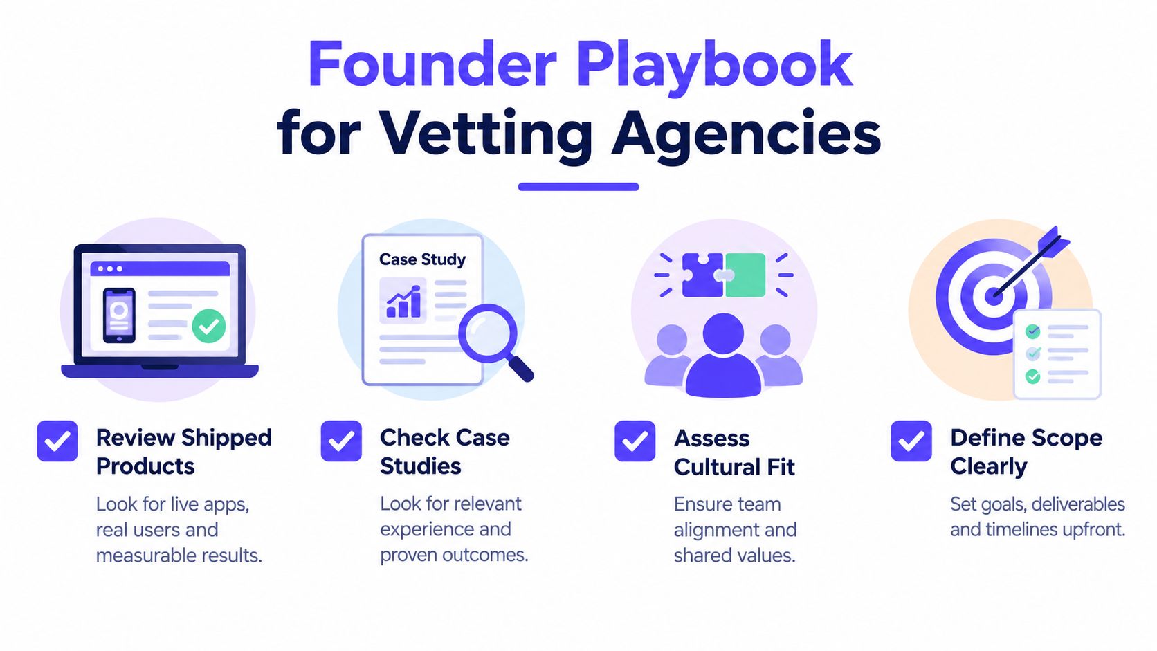 An infographic titled Founder Playbook for Vetting Agencies, illustrating four essential steps for evaluating potential creative partners.