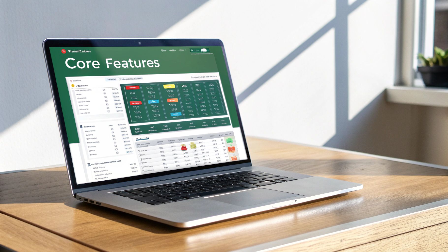 A laptop on a wooden desk displays 'Core Features' software with charts and data, in a sunlit room.