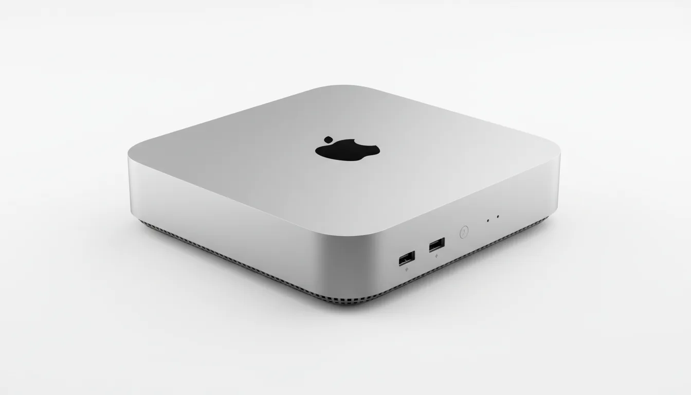 High-angle DSLR product photography of a silver Apple Mac Studio computer, isolated against a seamless, solid bright white background. The shot is a clean three-quarters view, highlighting the matte anodized aluminum texture and rounded corners. Soft studio lighting evenly illuminates the surface, showcasing the black Apple logo on top and the front ports and power indicator light on the front-right face. The entire product is in sharp focus.