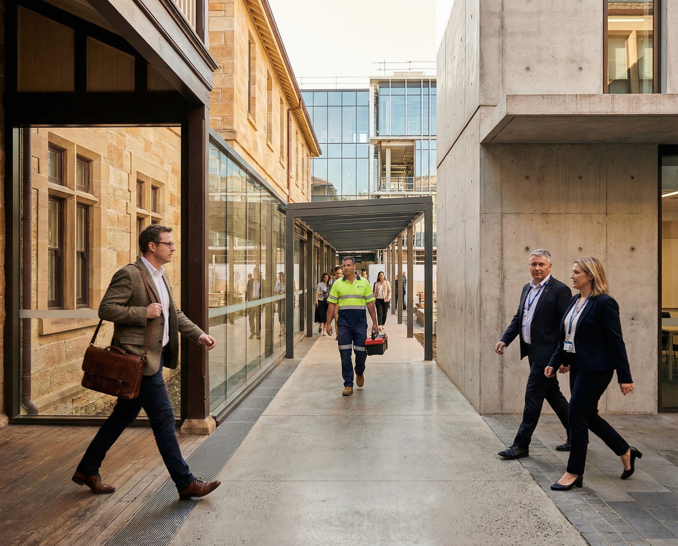 A wide, warm shot of a university campus corridor at the junction where three different buildings connect — an older heritage-style wing with timber details visible through a glass link to a modern concrete teaching block, which in turn opens onto a covered walkway leading toward a newer administrative building. The junction is busy with the between-classes flow: a lecturer in a blazer is walking from the heritage wing carrying a satchel, two administrative staff in lanyards are crossing from the modern block, and a facilities worker in a polo shirt is heading toward the newer building with a toolbox