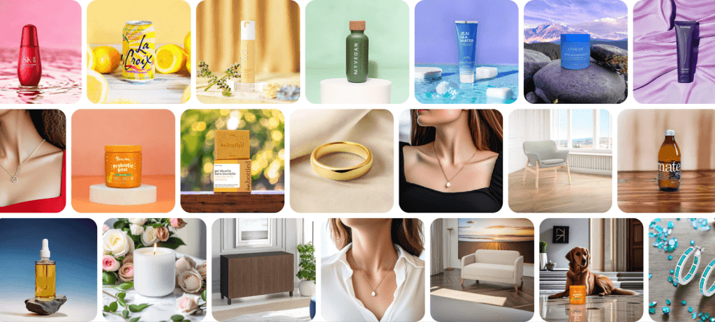 Raster aus KI-generierten Produktfotos mit gestylten Lifestyle-Hintergründen, erstellt mit Pebblely