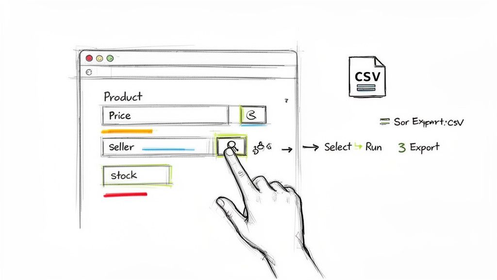 A sketch of a user interface showing product data fields, with a hand clicking a search button to export data to CSV.