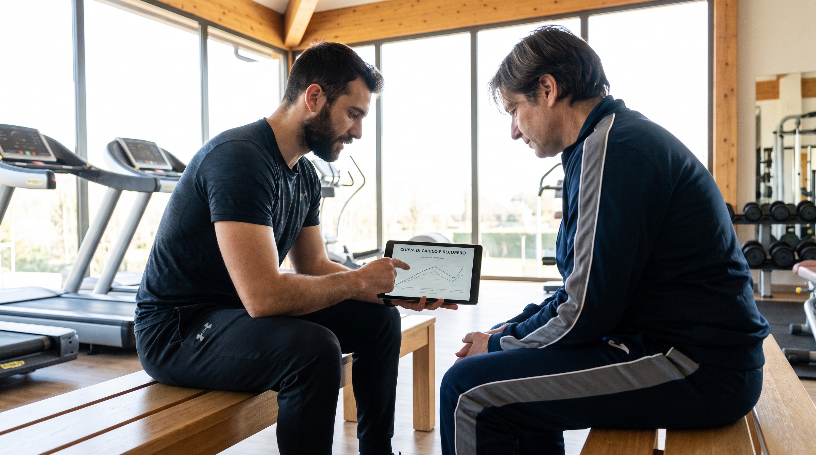 Personal trainer analizza curva di carico e recupero con cliente in palestra professionale