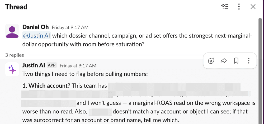 Justin AI answering a question in a Slack thread and flagging what it cannot do