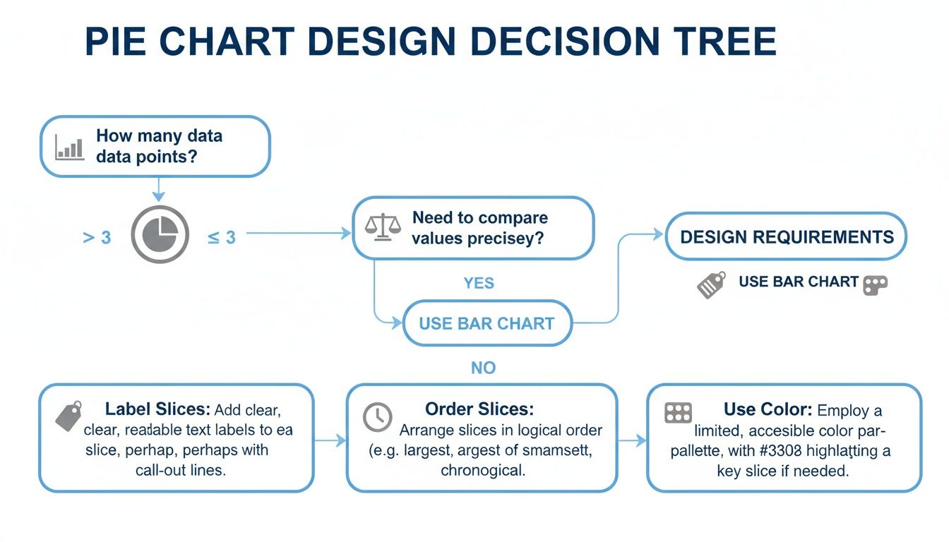 A decision tree flowchart for pie chart design, guiding on data points, precision, labeling, ordering, and color.