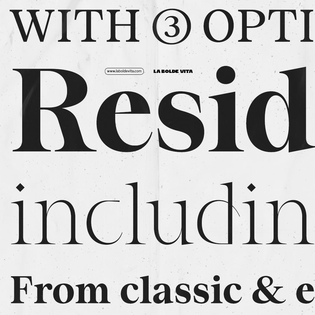 specimen detail of various weights and styles from Residenz Serif in black on grey