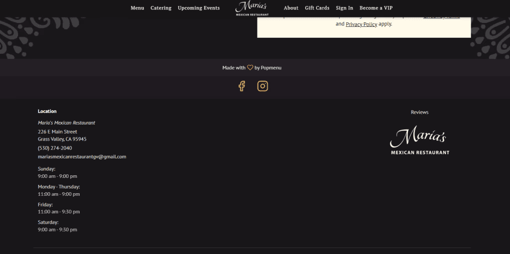 marias restaurant website footer