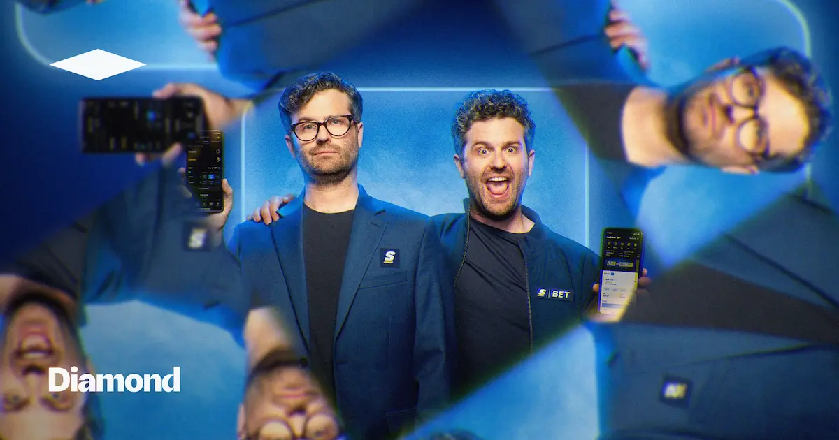 Two men holding smartphones in a blue mirrored collage scene