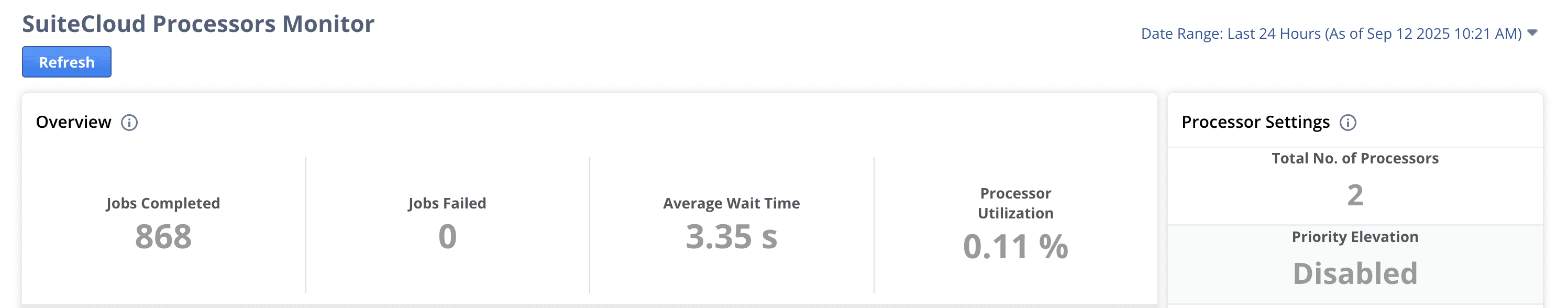 NetSuite Interface in SuiteCloud Processors Monitor with Numbers and Results Overview