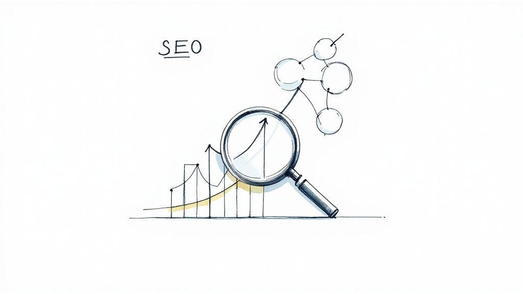 Hand-drawn sketch illustrating SEO, showing an upward growth chart, magnifying glass, and interconnected network.
