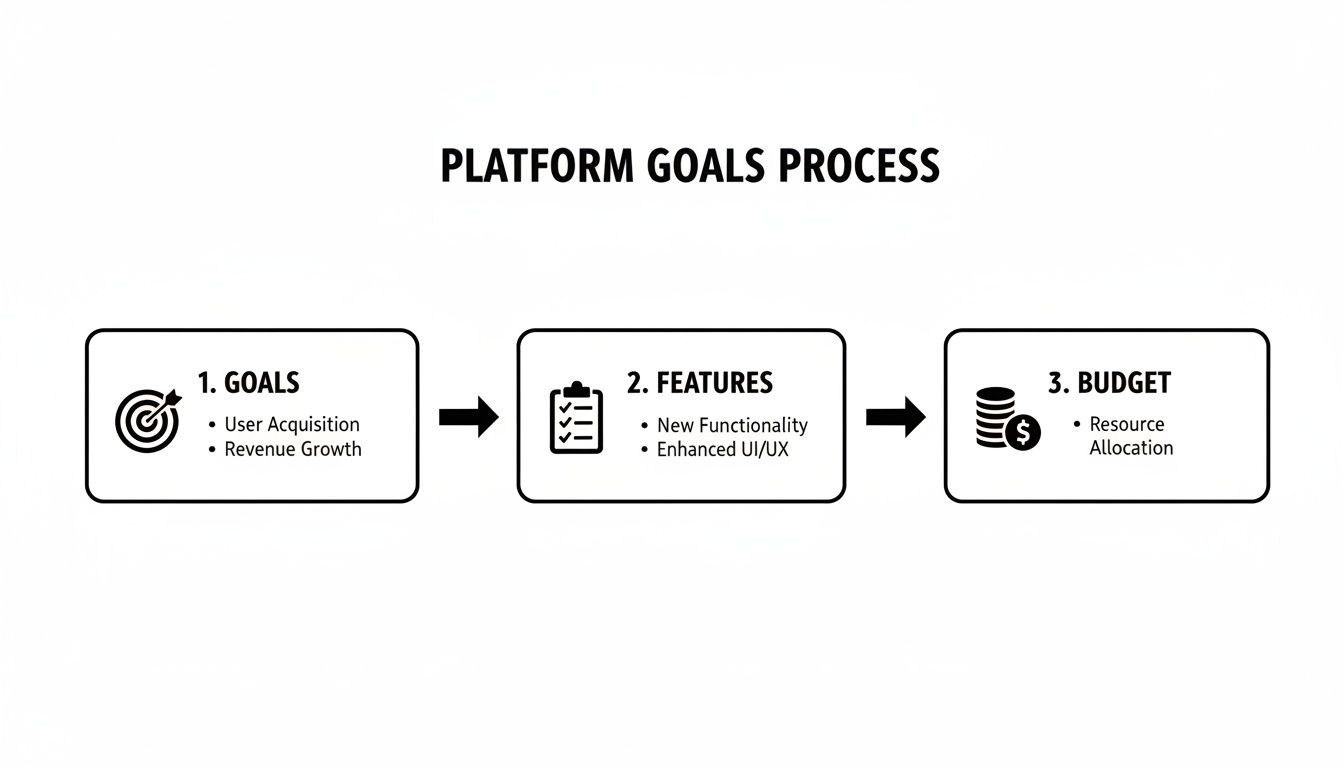 A flowchart illustrating the Platform Goals Process: Goals (User Acquisition, Revenue Growth), Features, and Budget.
