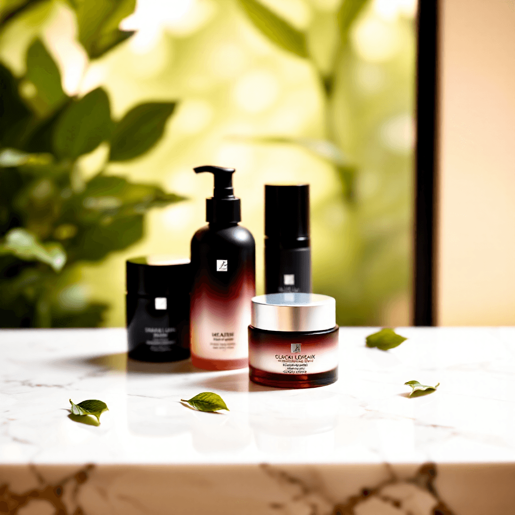 product photography of a set of skincare bottles and jars for facial care