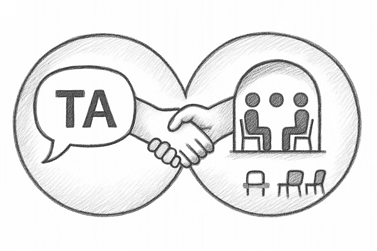 TA-Beratung und Gesprächskreis: Händedruck und Stühle symbolisieren Zusammenarbeit.