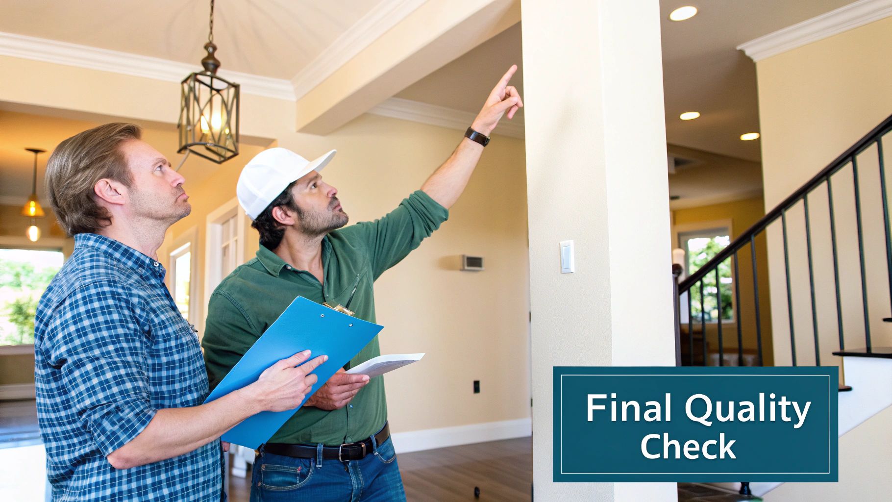 Two men in a modern home conducting a final quality check, with one pointing to the ceiling.