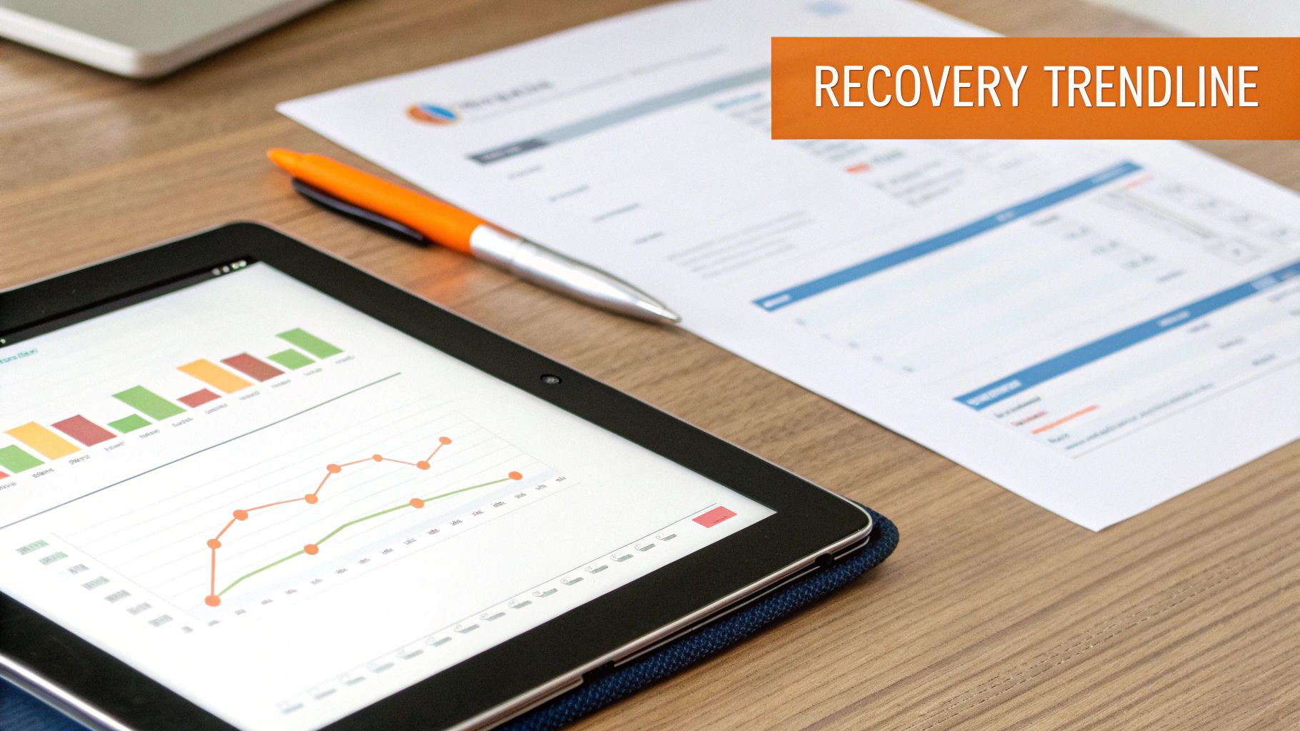 Tablet displaying recovery trendline charts, pen, and a financial document on a wooden desk.